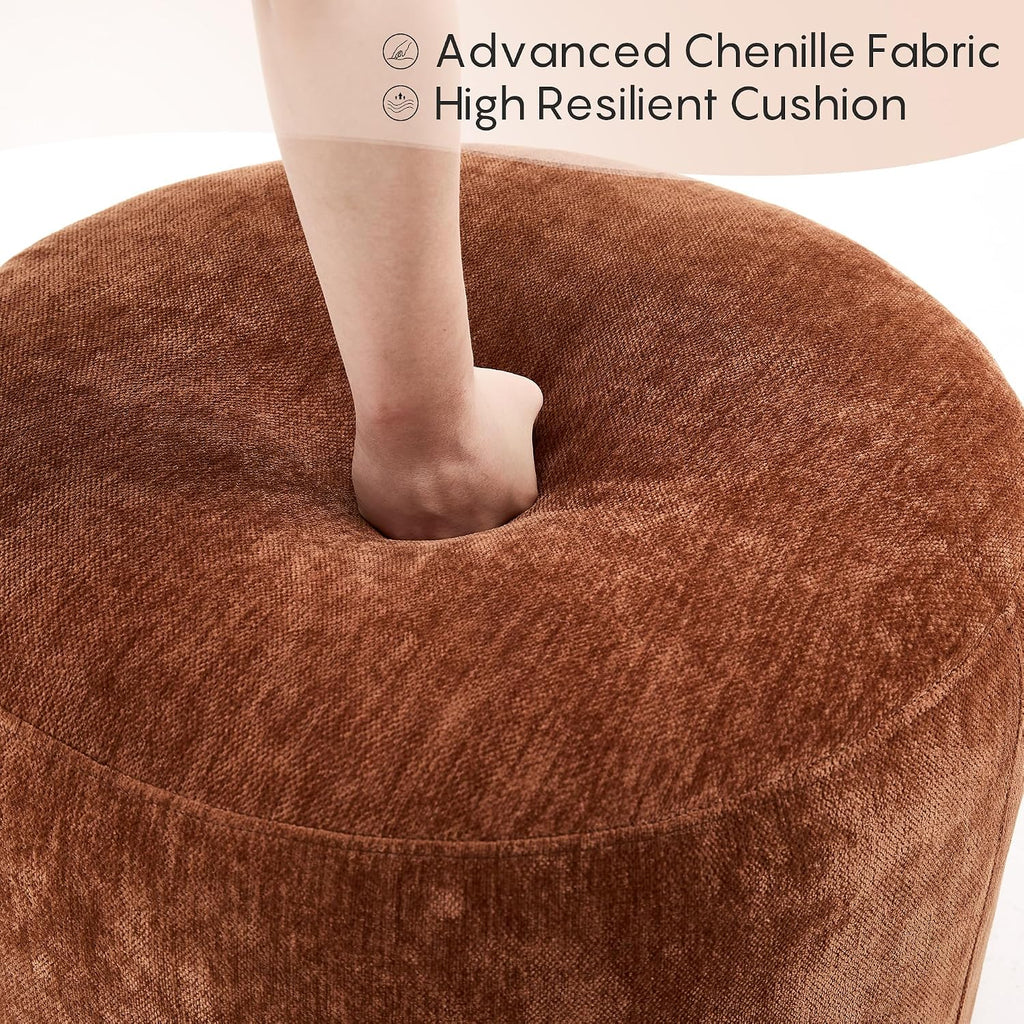 Flouki Pouf Ottoman Footrest, Foot Stools, Modern Round Upholstered Ottomans, Ottomans Pouffe, for Living Room, Bedroom, Entryway, Dorm, Selected Fabric (Orange-Brown, Set of 2)