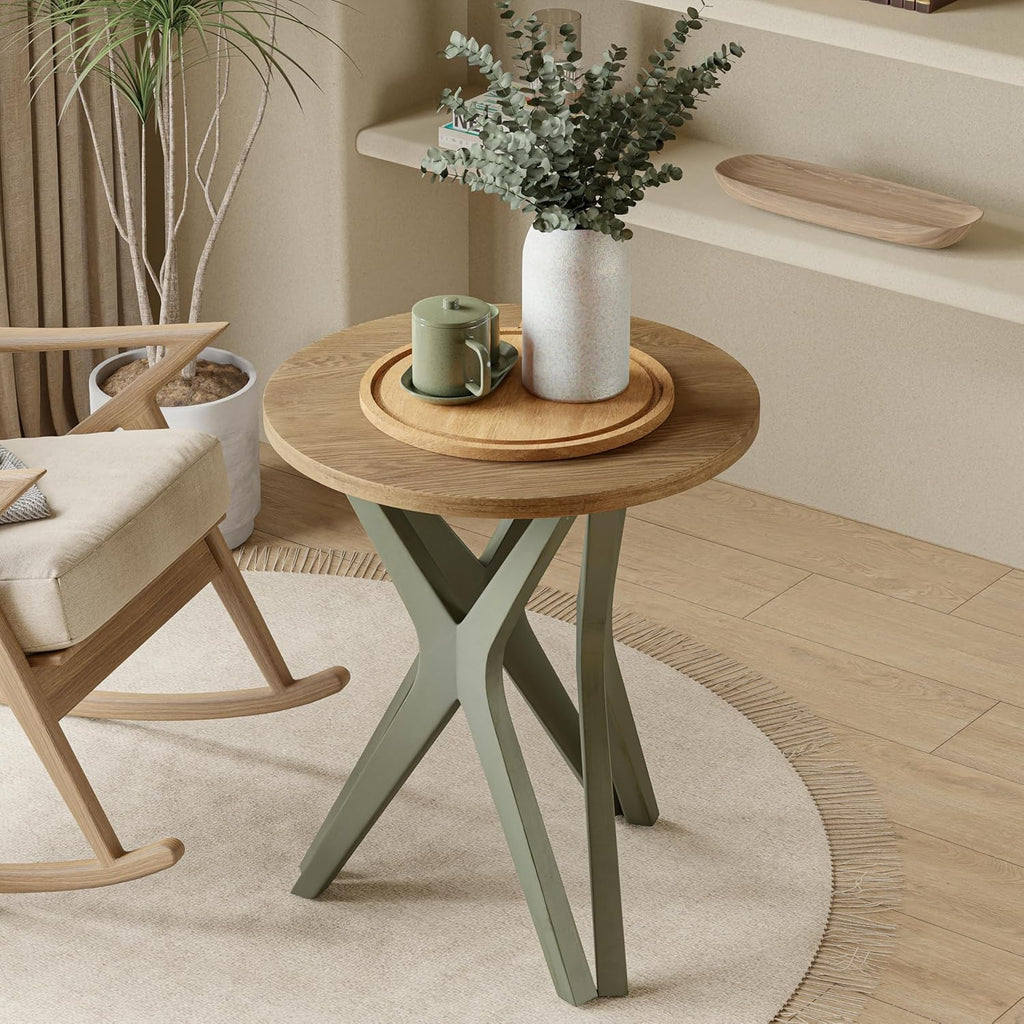 Pedestal Farmhouse End Table, Distressed Top with Tripod Base Bedside Table for Living Room, Modern, Boho, Round, Sage Green