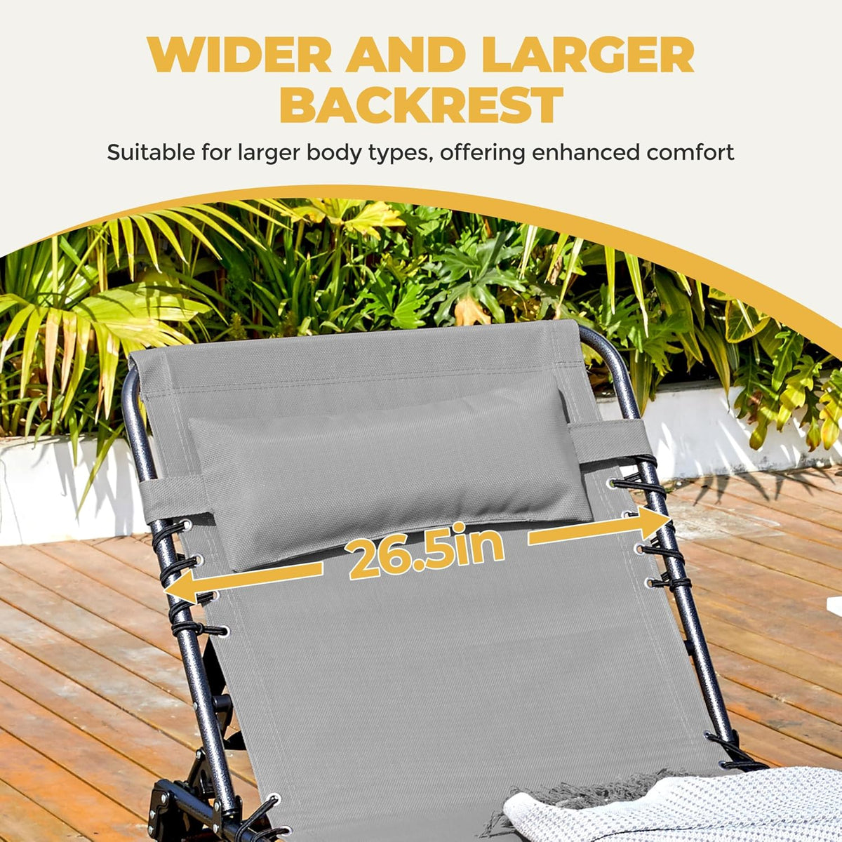 Yaheetech 26.4" Outdoor Folding Tanning Chair 5-Position Adjustable, Gray | Waterproof Texteline Fabric, 300lb Weight Capacity, Side Storage Pocket for Beach Patio Backyard Outdoor Use