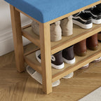 2 Tier Shoe Rack Bench with Cushion, Rubberwood Shoe Benches, Mid-Century Modern Shoe Storage Bench for Entryway, Hallway, Living Room, Closet, Front Door Entrance, Blue