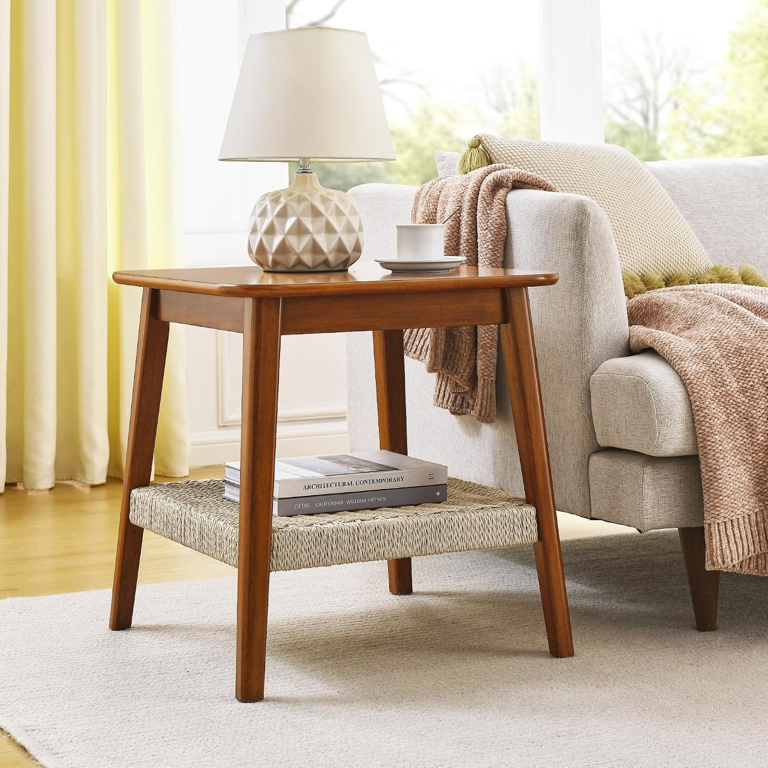Mid Century Modern End Table with Shelf, 2-Tier End Table with Storage, Small Bedside Tables or Living Room, Walnut