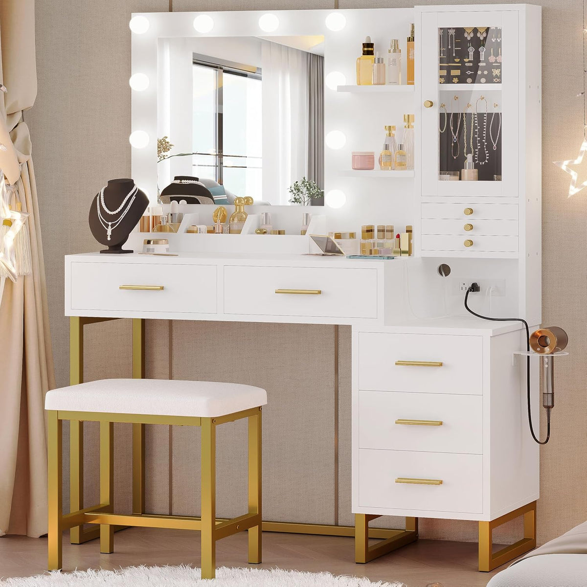 IRONCK Vanity Desk with Mirror and Lights, Jewelry Storage, White & Gold | Makeup Vanity Table with 5 Drawers & Shelves, Power Outlet, Vanity Stool, Dressing Table for Girls Bedroom