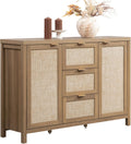 SICOTAS Rattan Sideboard Buffet Cabinet with Storage - 52" Larger Farmhouse Credenza Storage Coffee Bar Cabinet with 3 Drawers & 2 Doors, Boho Console Table for Living Room, Kitchen, Caramel Oak