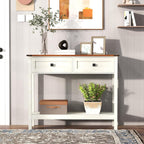Knocbel Small Console Table with 2 Drawers with Metal Handles, Farmhouse Side Tables with Brown Woodgrain Top and Bottom Shelf for Entryway Living Room, 39.37" W x 11.61" D x 32.08" H, Antique White