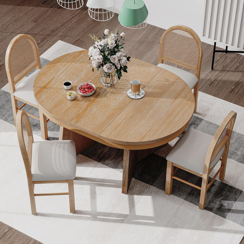LUMISOL 5-Piece Round Dining Table Set for 4, Extendable Kitchen Table Set with 4 Upholstered Chairs, Kitchen Table and Chairs Set for Dining Room, Kitchen, Natural Wood Wash