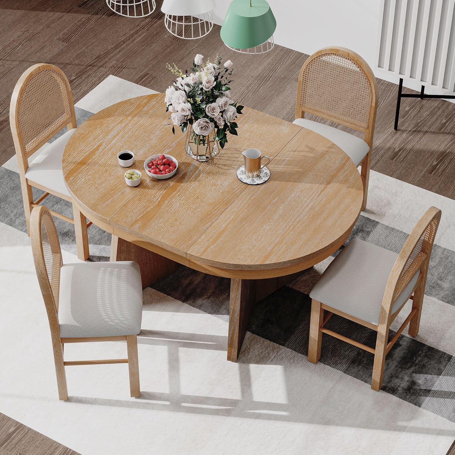 LUMISOL 5-Piece Round Dining Table Set for 4, Extendable Kitchen Table Set with 4 Upholstered Chairs, Kitchen Table and Chairs Set for Dining Room, Kitchen, Natural Wood Wash