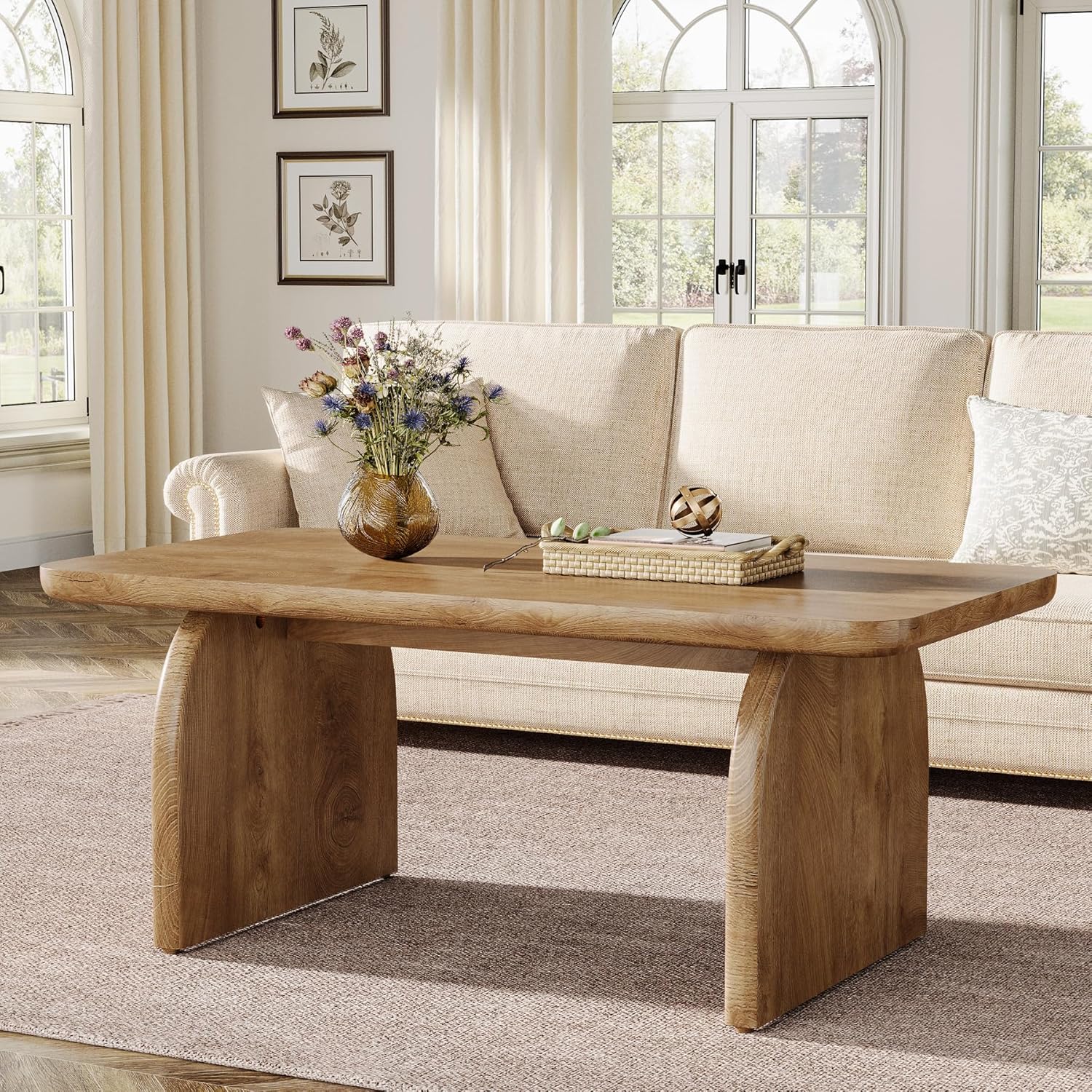 Tribesigns Rectangle Coffee Table, 47-Inch Wood Rectangular Living Room Table, Farmhouse Accent Center Low Cocktail Tea Table with Sturdy Base & Rounded Corners, Easy Assembly (Natural Brown)