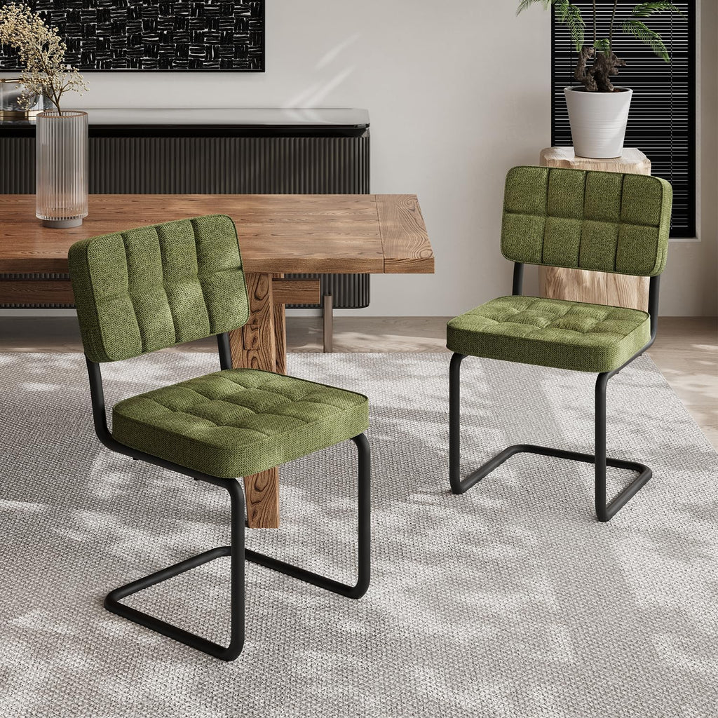 Mid-Century Modern Dining Chairs Set of 2 with Metal Legs, Green | Upholstered Chenille Cantilever Dining Chairs with Ergonomic Backrests, Armless Design, Padded Seats for Dining Room