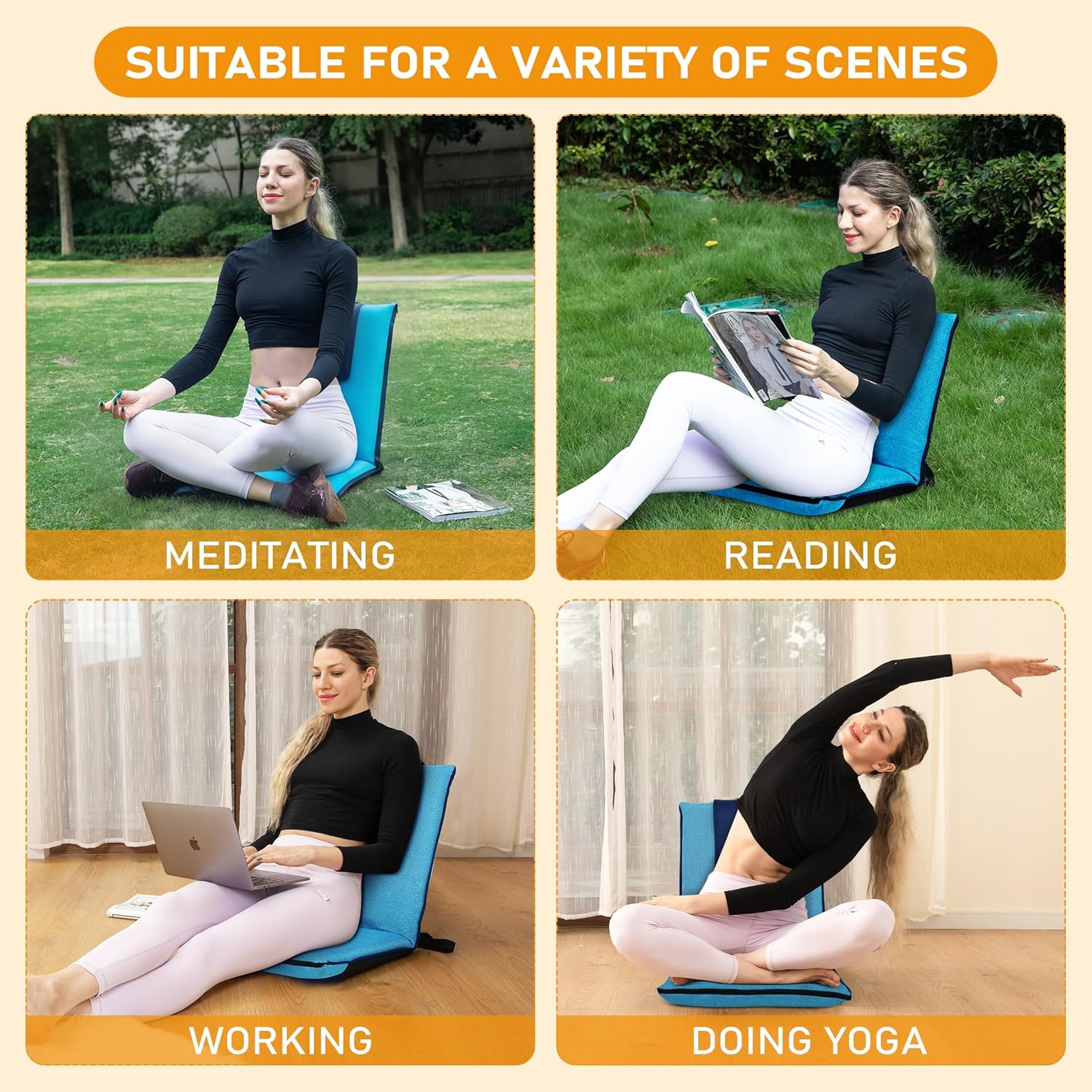 FASTMOMENT Floor Chair with Back Support 14-Position Adjustable Floor Chair Portable Ground Seating for Adults Foldable Meditation Seat with Japanese KOYO Bearings & Washable Linen Cover (Bright Blue)