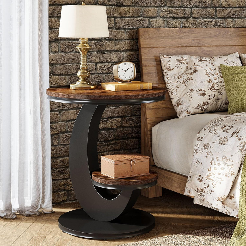 Tribesigns Round End Table, 2 Tiers Side Table with Storage Shelf, Sofa Side Bedside Nightstand with Wood Metal Arc-Shaped Frame for Small Spaces, Living Room, Bedroom, Easy to Assemble, Brown (1PCS)