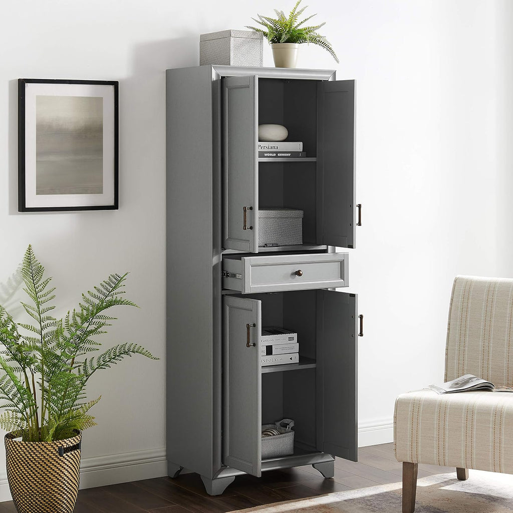 Crosley Furniture Tara Pantry Storage Cabinet with Shelves, Kitchen, Dining, or Laundry Room, Distressed Gray
