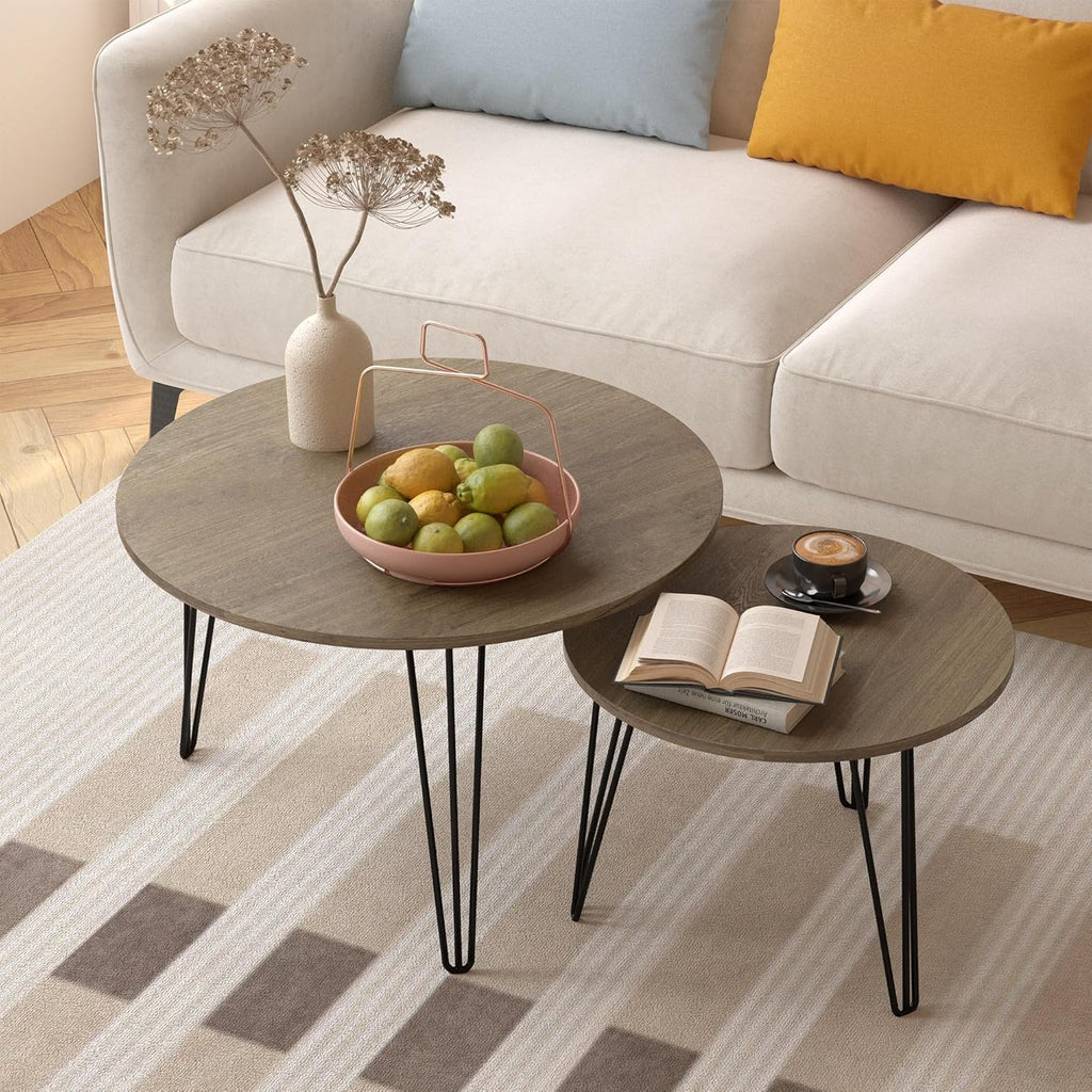 Small Round Nesting Coffee Table Set of 2 for Living Room, 27.56 inch Wood Modern Stacking Circle Coffee Table Side Table End Table with Metal Frame for Bedroom（Brown