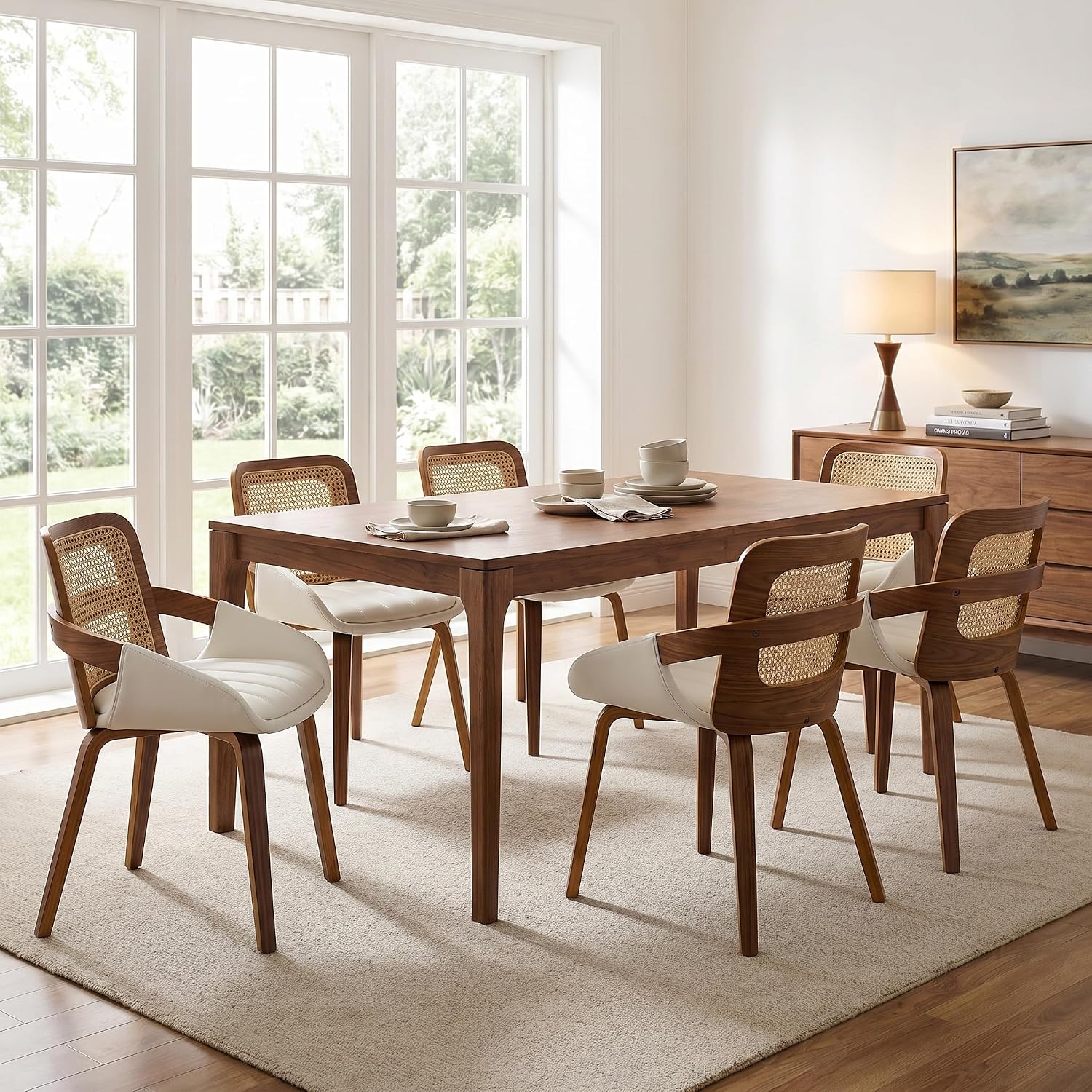 DUOMAY Modern PU Leather Dining Chairs Set of 4, Cane Back Room Chairs with Solid Wood Legs Kitchen Chairs for Living Room, Restaurant, White