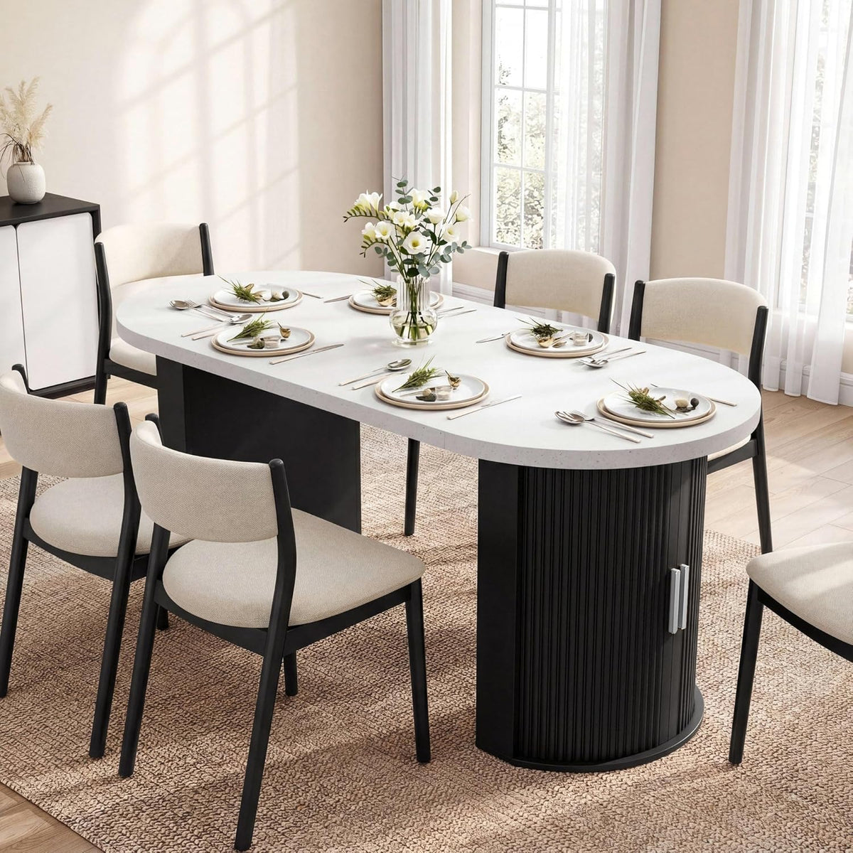 IRONCK 71" Oval Dining Table for 4-8, Modern Farmhouse Dining Table with Hidden Storage & Fluted Base, 1.6" Thick Faux Quartz Top, Dinner Table for Dining Room Kitchen Home Office, Black