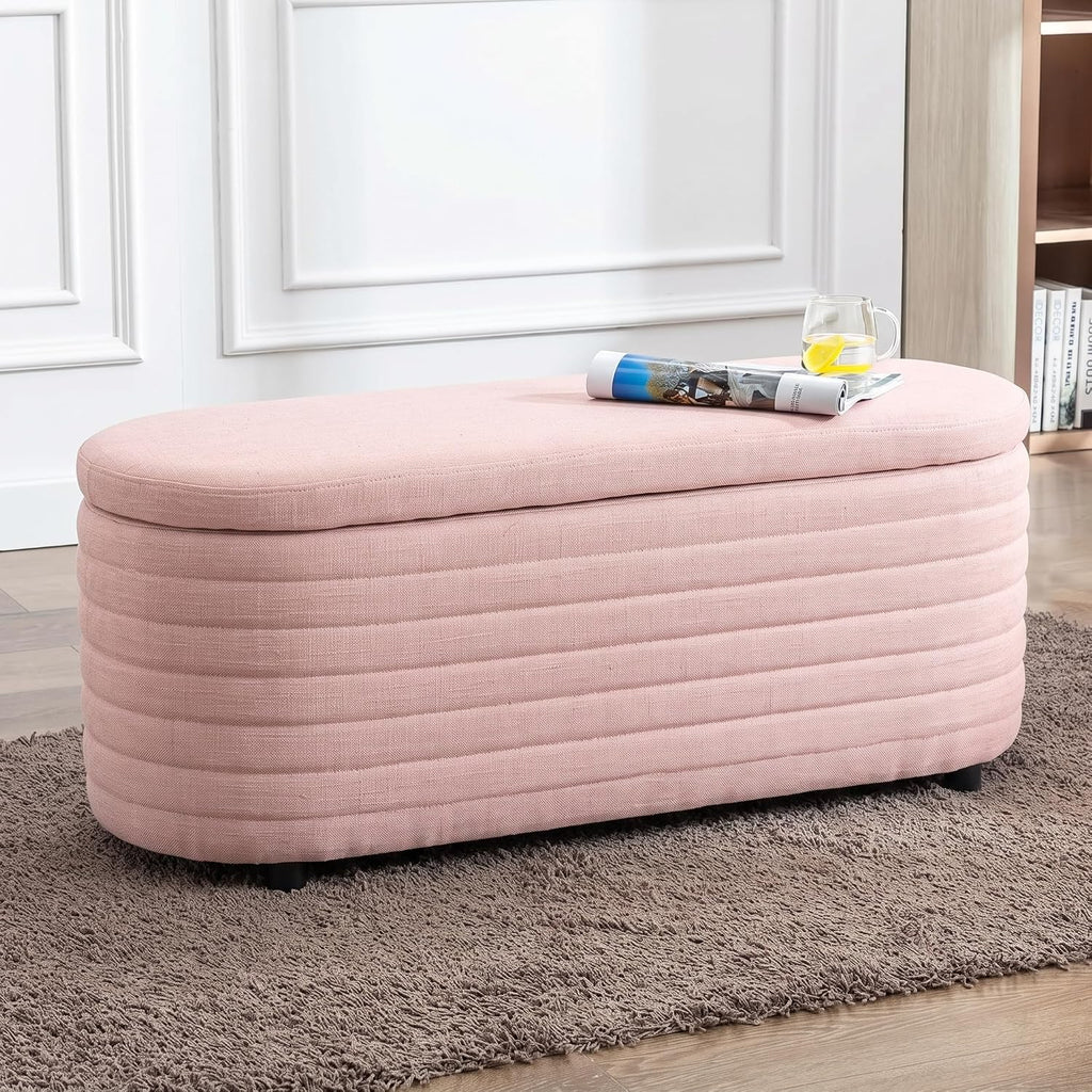 45.5" Modern Storage Ottoman Bench, Pink | Boucle Bench, Linen Fabric, Slow-Close Safety Hinge, Hidden Storage, Upholstered Seat, for Living Room Entryway End of Bed