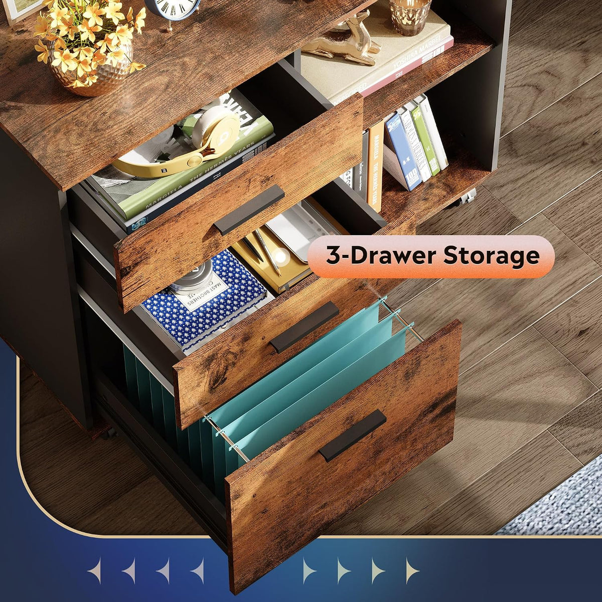 DEVAISE 3-Drawer Mobile File Cabinet, Lateral Filing Cabinet, Rustic Brown | Wood, Rolling Printer Stand, Under Desk Storage, Open Shelves, Fits Letter & A4 File, Home Office