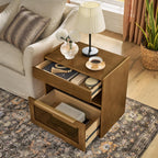 Mid Century Modern Nightstand with Charging Station & Outlet Hole & 2 Drawers, Farmhouse End Table with Open Shelf & Glass Drawer Dresser, Side Cabinet for Living Room,for Small Spaces