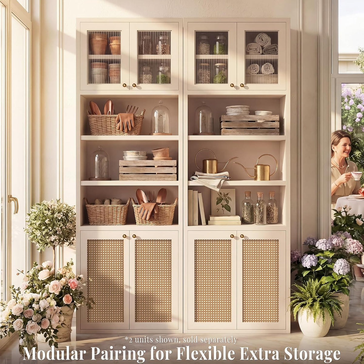 71.7" Bathroom Storage Cabinet, Rattan Tall Freestanding Kitchen Pantry with Doors, Adjustable Shelves and Anti-Tip Devices for Living Room, Dining Room, White