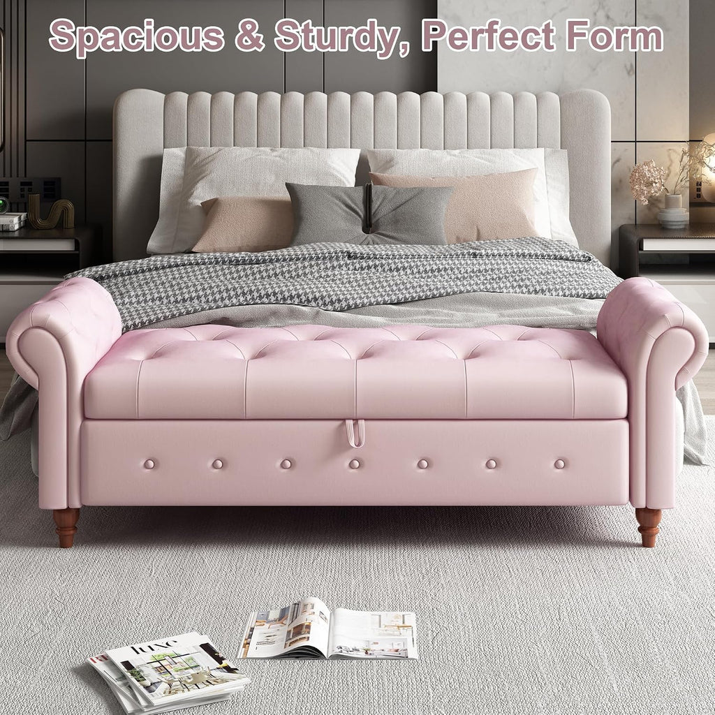 GNIXUU Ottoman with Storage Bench for Bedroom, 63" Velvet Upholstered End of Bed Storage Bench Seat, Rolled Arm Cushioned Ottoman with Wood Legs, Modern Window Chair for Living Room, Entryway, Pink