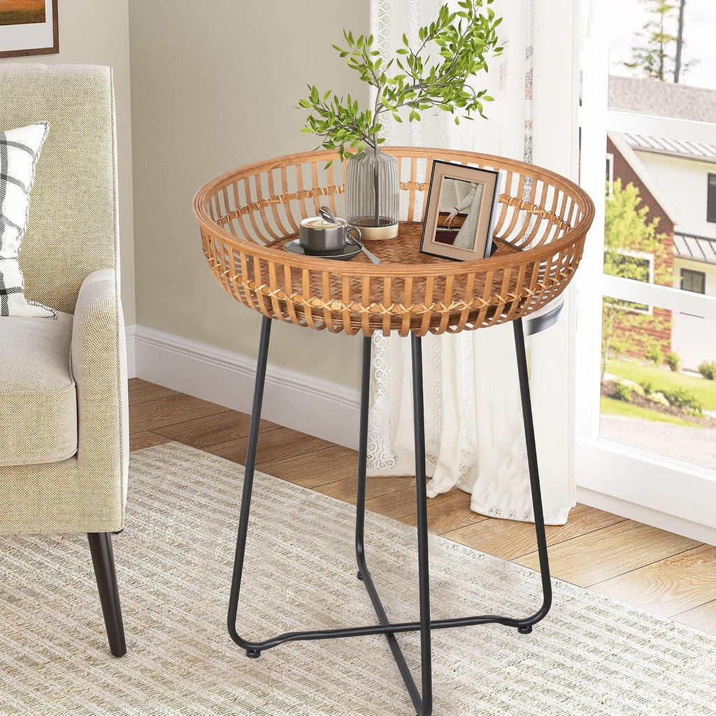 Oakrain Small End Table, Small Round Coffee, Bamboo&Rattan, Accent Table with Boho Style, for Balcony, Livng Room, Bedroom (18.11inch, 1PCS)