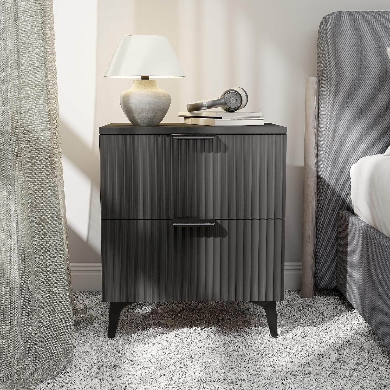 Wood Nightstand Set of 2, Fluted Bedside Tables with 2 Drawers
