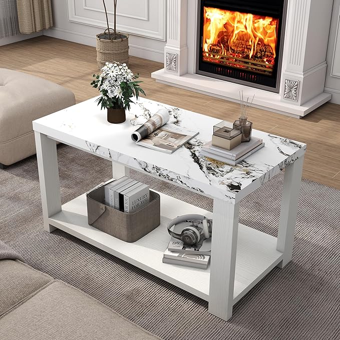Coffee Table 40" Faux Marble White Oak 2-Tier Rectangle Thickened Modern Wooden Center Table for Living Room, Conference Room, Small Space Home Furniture (Classic White Oak)