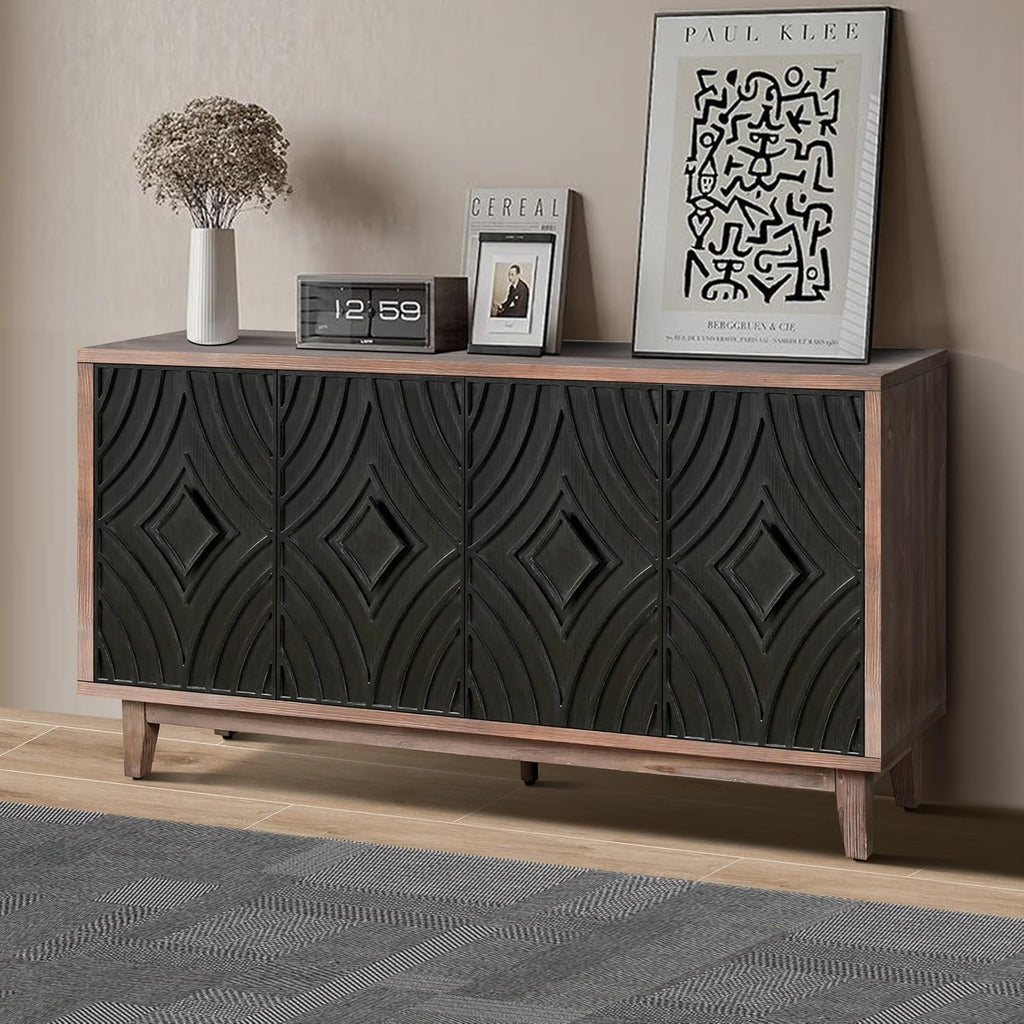 60 Inches Black Large Farmhouse Sideboard Buffet with Storage, Retro Credenza Console Table with Adjustable Shelves for Kitchen, Dining Room, Living Room, Entryway, Antique Black