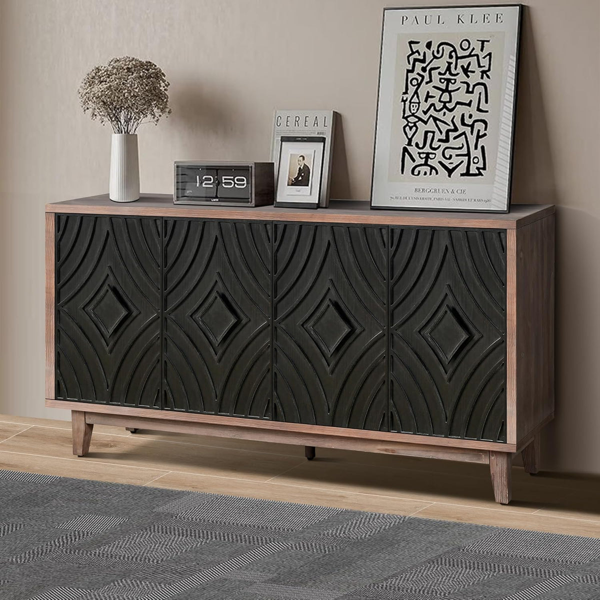 60 Inches Black Large Farmhouse Sideboard Buffet with Storage, Retro Credenza Console Table with Adjustable Shelves for Kitchen, Dining Room, Living Room, Entryway, Antique Black