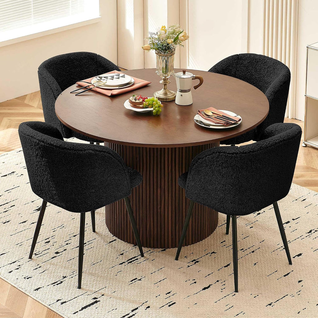 Homedot 5-Piece Round Dining Table Set for 4, 47-Inch Walnut Kitchen Table and Upholstered Chairs Set for Dining Room, Modern Circle Dinette Table Set with Black Barrel Dining Side Chairs Upholstered