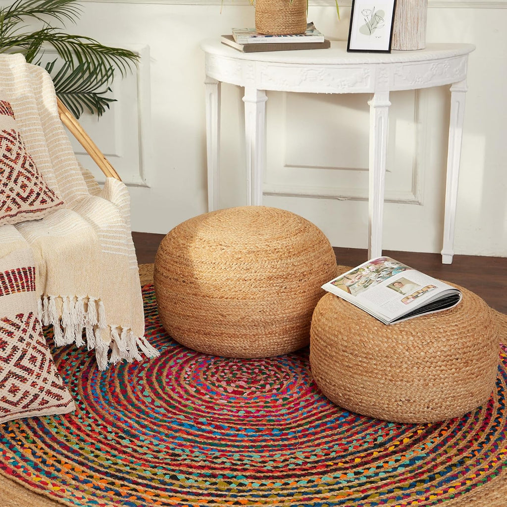 · REDEARTH · Jute Pouf Ottoman - Circular Boho Foot Stool - Jute Natural | Jute, 19.5"x19.5"x14"; Braided Pouffe Accent Sitting, Doubles as Foot Rest for Living Room, Patio, Outdoor, Bedroom