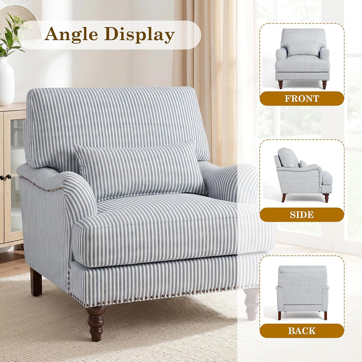 Accent Chairs Set of 2, Upholstered Armchair with Nailhead Trim & Solid Wood Legs, Mid Century Modern Club Chair for Living Room/Bedroom/Reading Room, Pinstripe Blue