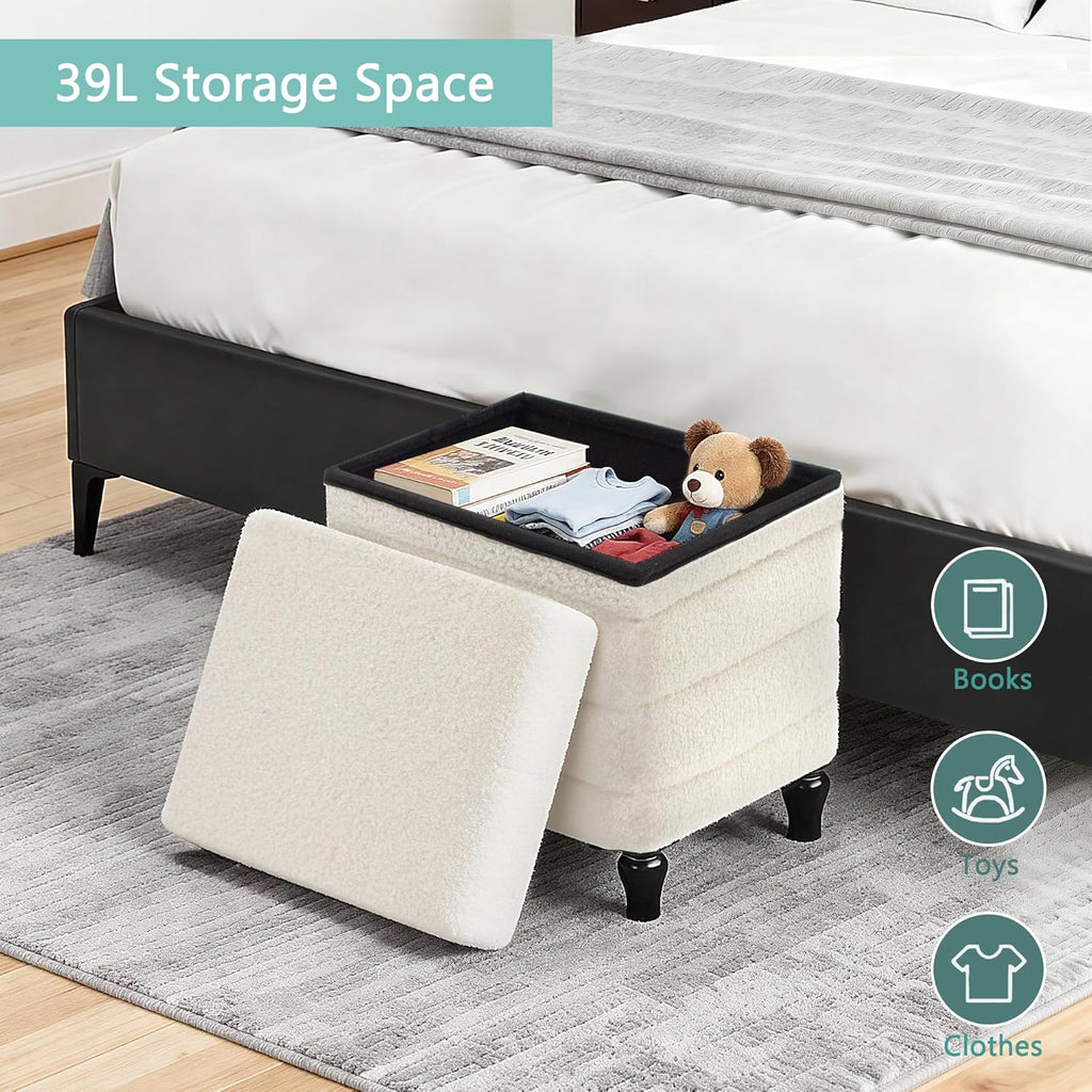 CAROLMADE Folding Storage Ottoman Cube Sherpa Footstool with Wood Legs Ottoman Footrest for Living Room and Bedroom, White 15"x12.6"x15.4"