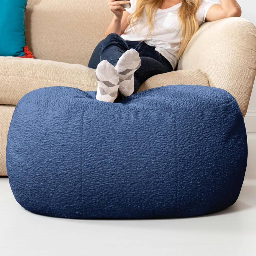 Jaxx Ellis Ottoman Shearling Faux-Lamb Plush Pouf for Modern Interior Design, Oval, Indigo