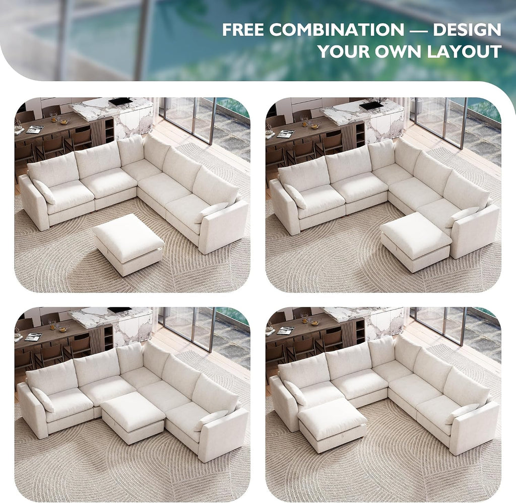 Ihanherry 111" Oversized Modular Sectional Sofa, Modern V Shaped Cloud Couch with Storage Ottoman, 6-Seat Comfy Chenille Deep Seat Sofa with 2 Pillows for Living Room, Beige