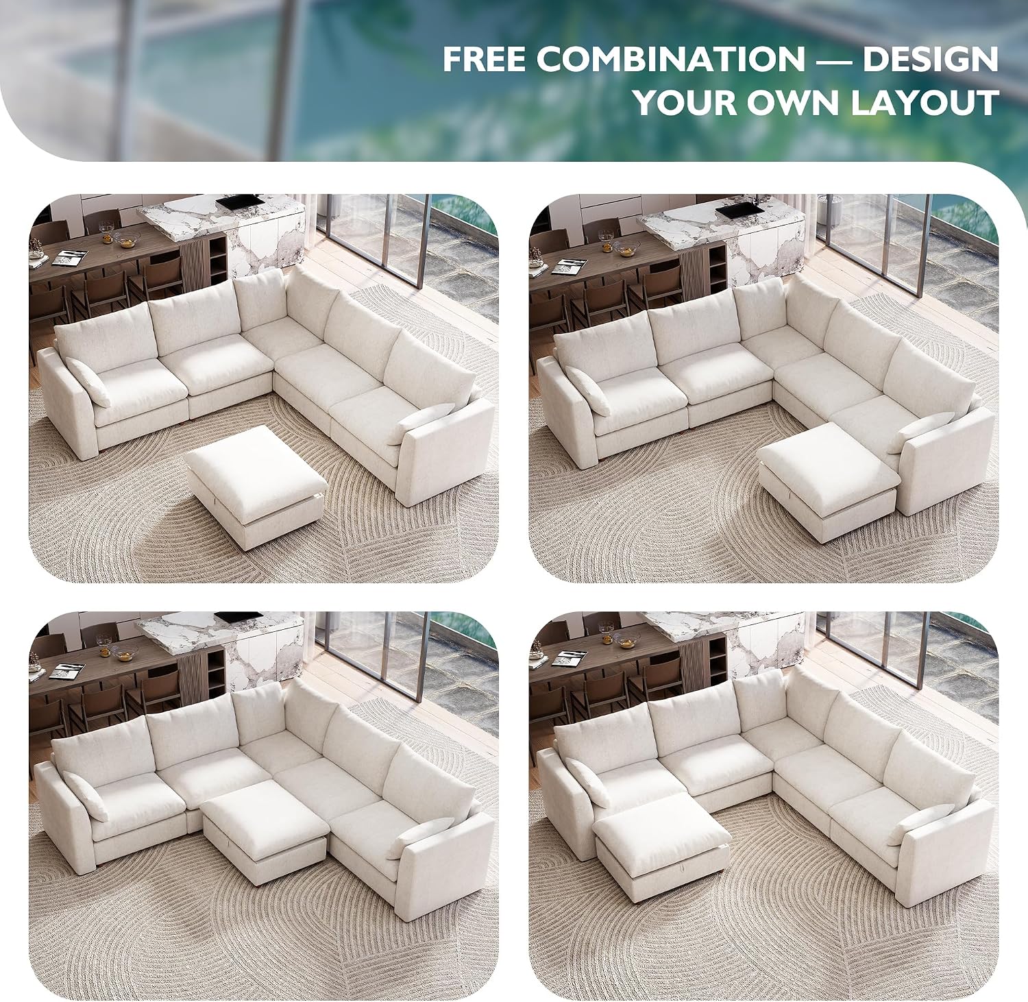 Ihanherry 111" Oversized Modular Sectional Sofa, Modern V Shaped Cloud Couch with Storage Ottoman, 6-Seat Comfy Chenille Deep Seat Sofa with 2 Pillows for Living Room, Beige