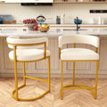 Modern Barrel Bar Stools Set of 2, 24" Velvet Counter Height Stools with Comfy Back and Arms, Sherpa Upholstered Kitchen Island Chair for Home Bar, Ivory