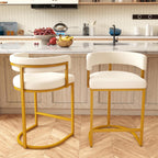 Modern Barrel Bar Stools Set of 2, 24" Velvet Counter Height Stools with Comfy Back and Arms, Sherpa Upholstered Kitchen Island Chair for Home Bar, Ivory