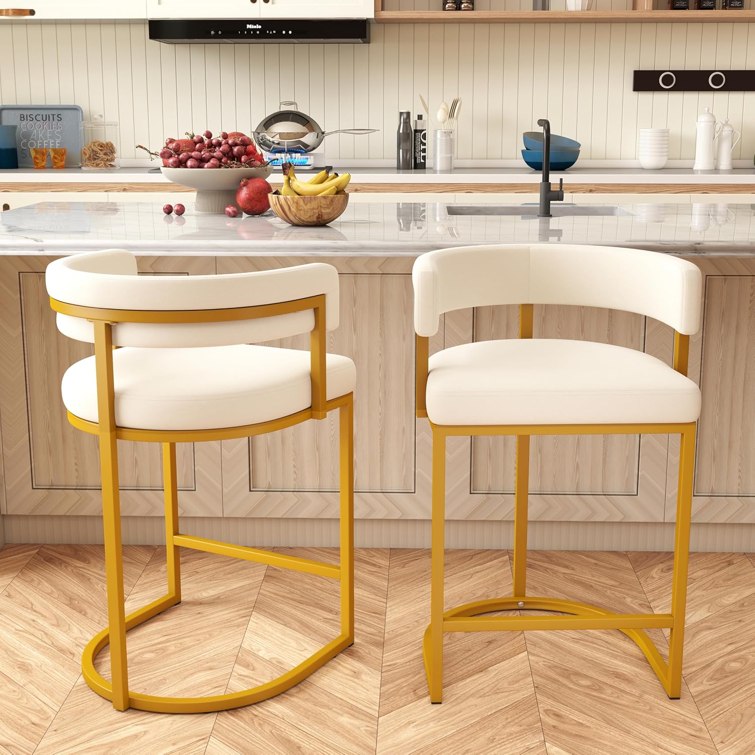 Modern Barrel Bar Stools Set of 3, 24" Velvet Counter Height Stools with Comfy Back and Arms, Sherpa Upholstered Kitchen Island Chair for Home Bar, Ivory