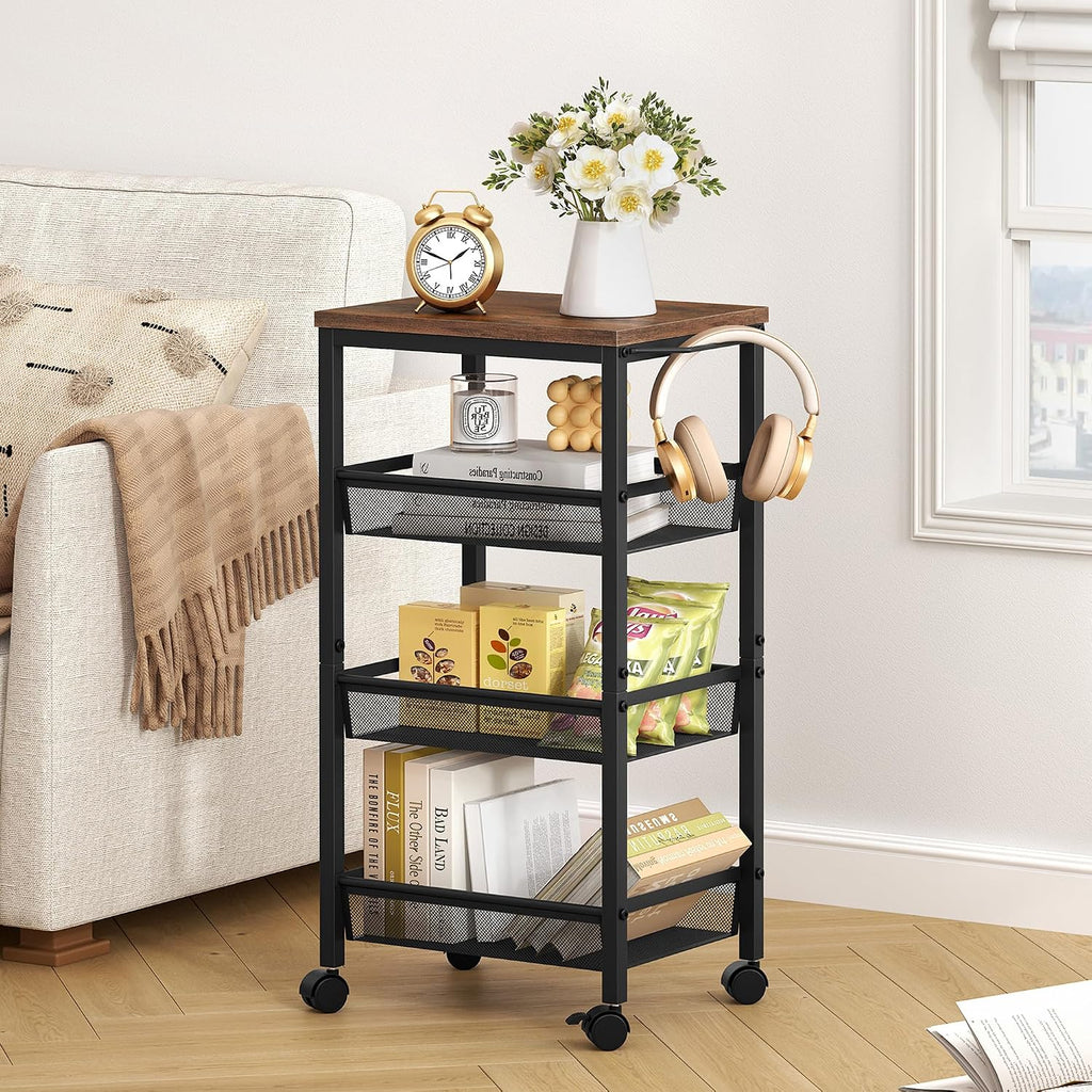 Hoctieon Rolling Storage Cart, 4-Tier 11.8" Wide Panel Kitchen Storage Cart, Utility Carts with Handle & Wheels, Mobile Shelving Unit, Metal Frame Narrow Carts for Home Kitchen, Laundry, Rustic Brown
