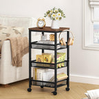 Hoctieon Rolling Storage Cart, 4-Tier 11.8" Wide Panel Kitchen Storage Cart, Utility Carts with Handle & Wheels, Mobile Shelving Unit, Metal Frame Narrow Carts for Home Kitchen, Laundry, Rustic Brown