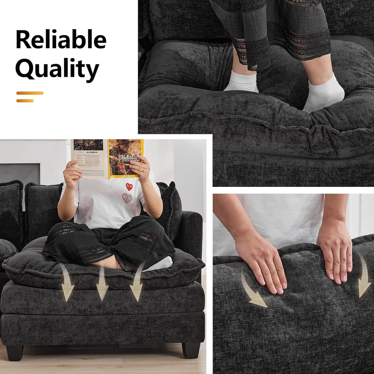 111'' Sectional Cloud Deep Seat Couch, Modern Comfy Chenille L Shaped Sectional Sofa for Living Room Set, Upholstered Modular 4-Seats Sofa Couch with 1 Movable Ottoman, Dark Grey
