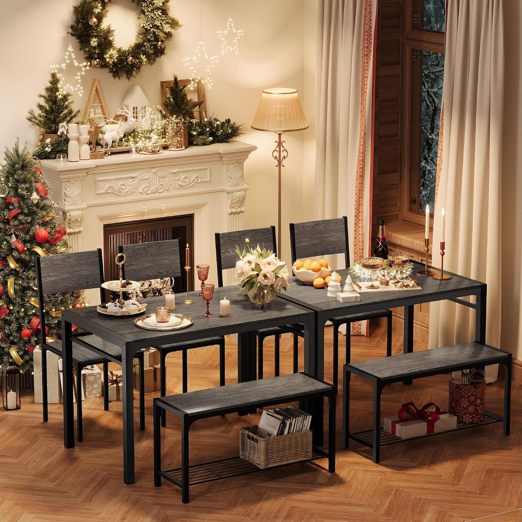 Shahoo Kitchen Table and 2 Chairs for 4 with Bench | 4 Piece Dining Sets for Small Space, Dark Grey