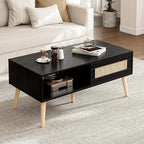 Wood Coffee Table with Storage, Boho Dining Table with Sliding Rattan Door Panel and Solid Wood Legs, Small Coffee Tables for Living Room, Oak (Black_LSJ008)