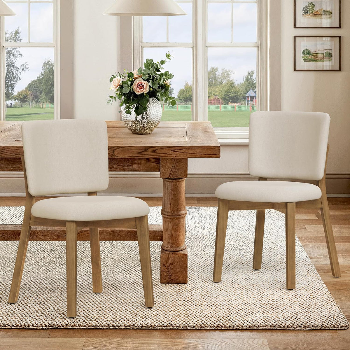 LUE BONA Linen Farmhouse Dining Chairs Set of 4, Natural Wood Leg | Comfortable Wide back with thick foam padded and Solid wood legs for dining room, kitchen or restaurant