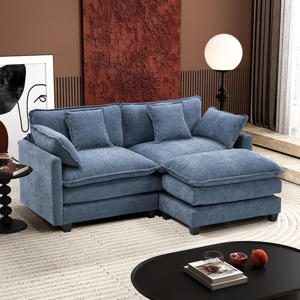 Ihanherry 77" L Shaped Modern Sofa Modular Sectional Cloud Couch with Ottoman, 3-Seat Chenille Deep Seat Sofa with Pillow for Living Room, Bedroom and Apartment, Blue