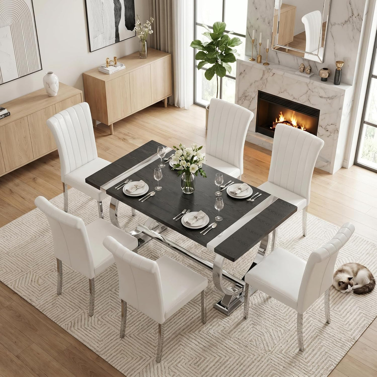 Asday Black Wood Dining Table for 4-6, 60 Inch Modern Luxury Kitchen Table with Silver Polished Stainless Steel Base, Farmhouse Rectangular Dining Room Table for Kitchen, Living Room, Apartment