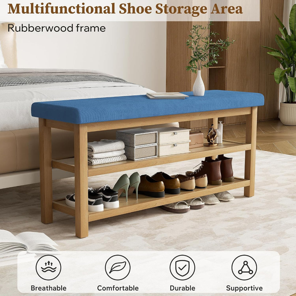 2 Tier Shoe Rack Bench with Cushion, Rubberwood Shoe Benches, Mid-Century Modern Shoe Storage Bench for Entryway, Hallway, Living Room, Closet, Front Door Entrance, Blue