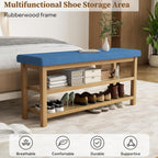 2 Tier Shoe Rack Bench with Cushion, Rubberwood Shoe Benches, Mid-Century Modern Shoe Storage Bench for Entryway, Hallway, Living Room, Closet, Front Door Entrance, Blue