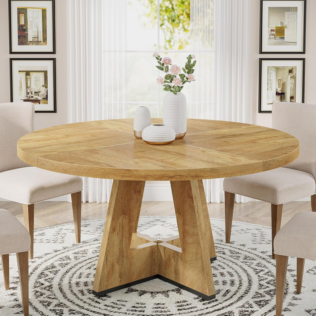 Tribesigns 47 inch Round Dining Table Wood Kitchen Table for Dining Room, 47" Dinner Room Tables for 4-6, Farmhouse Accent Furniture with Wooden Tabletop and Cross Base, Light Wood