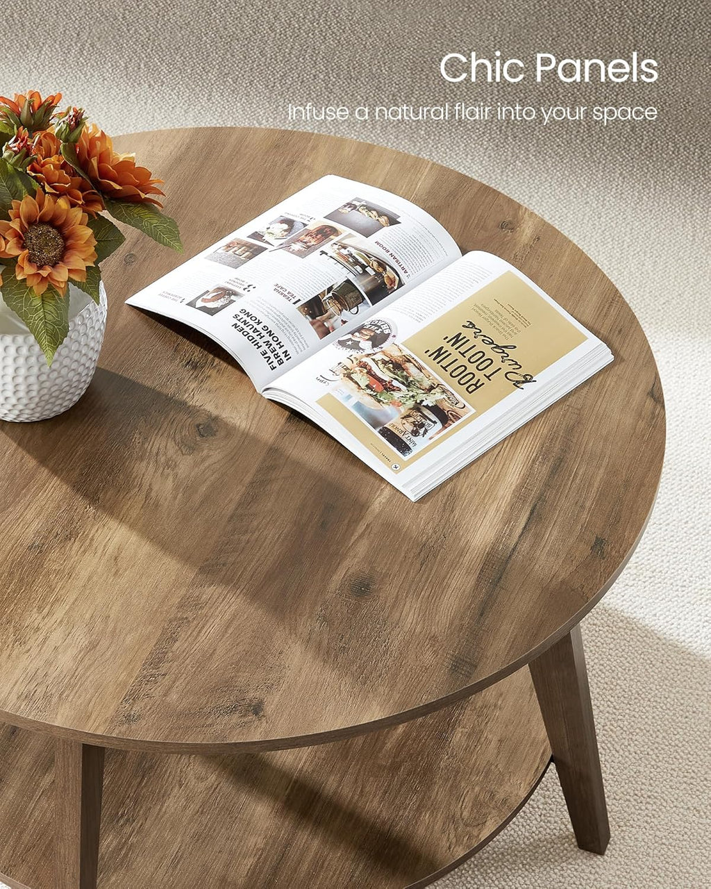 VASAGLE MAEZO Collection - Round Coffee Table, 2-Tier Center Table with Storage, Tapered Legs, Curved Transitions, 31.5 Dia. x 17.7 H Inches, Easy Assembly, for Living Room, Honey Brown ULCT243K41
